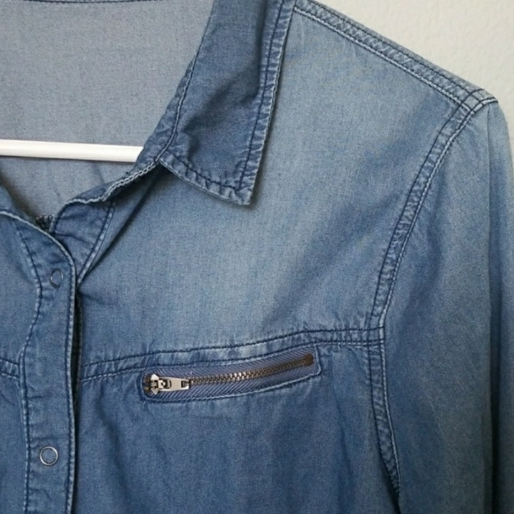 JUSTFAB Western Rodeo zipper chambray long sleeve button down Shirttail medium - Picture 5 of 8